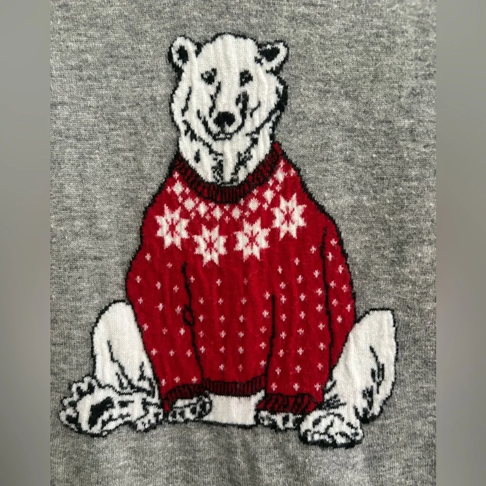 Talbots Polar Bear Sweater Soft Lightweight Cozy Gray Red Lambswool Size Small - Picture 6 of 8